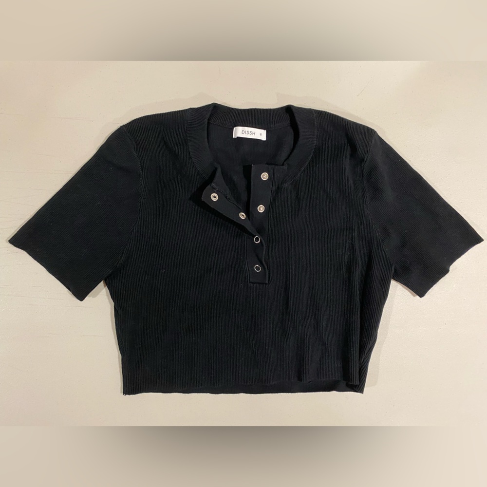 DISSH, Ribbed Crop Top with Snap Buttons. Colour: Black